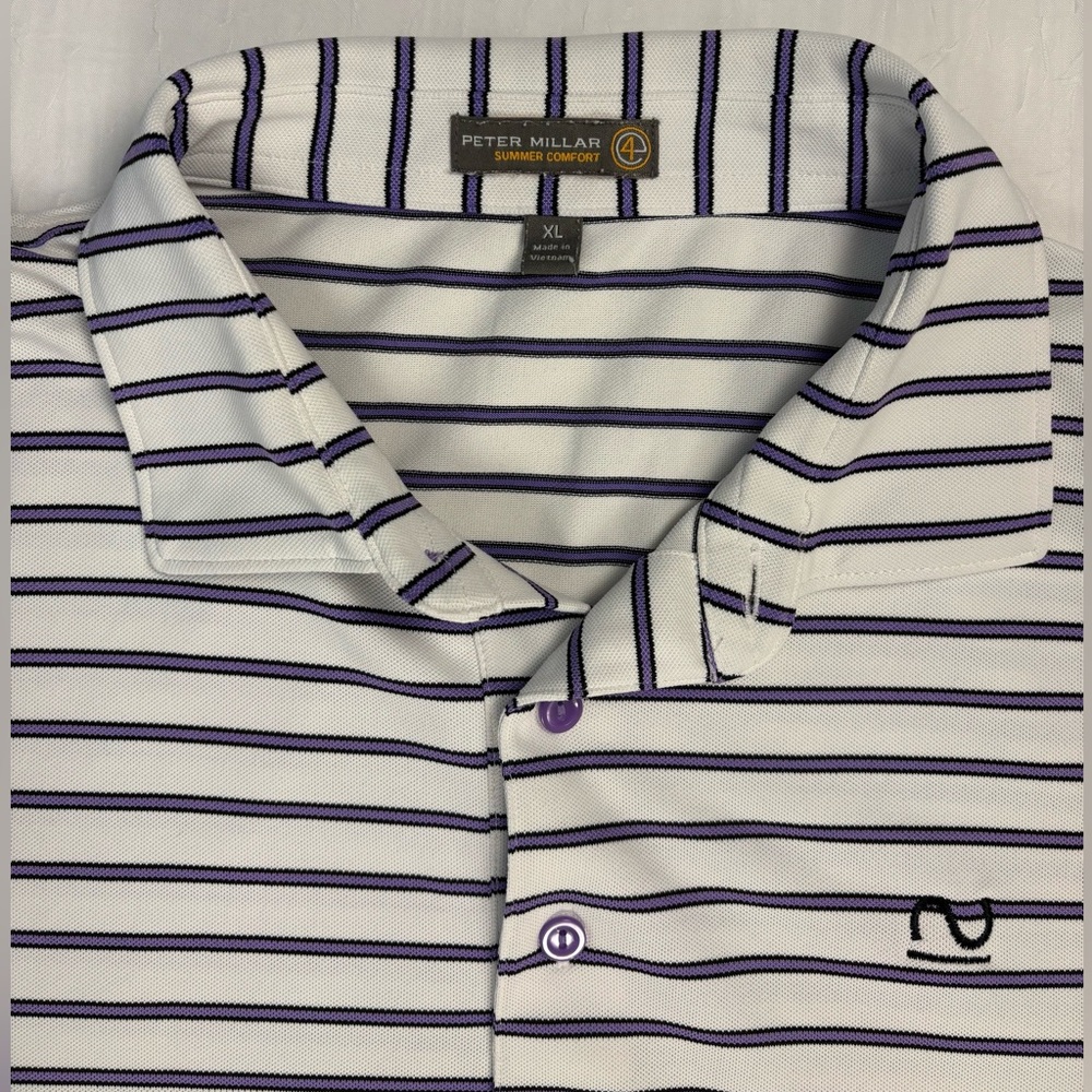 Peter Millar Men’s Summer Comfort Polo Shirt Short Sleeve Purple Stripe Logo XL